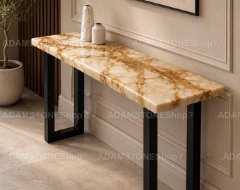 Honey Onyx Console Table | Luxury Stone Entryway Table | Handmade Natural Onyx Hallway Furniture Natural Honey Onyx Console Table |