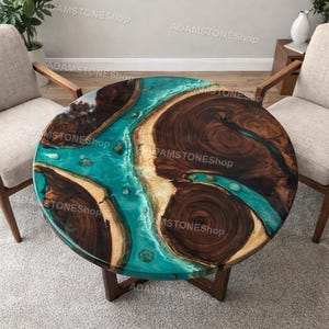 Mesa redonda de resina epoxi con diseño de río – Mesa de comedor de nogal con borde natural – Mesa de centro de resina color turquesa – Muebles de madera de lujo hechos a mano – Muebles personalizados para inauguración de casa