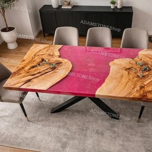 Pink Epoxy River Dining Table, Live Edge Wood Table, Handmade Resin Table, Large Kitchen Table, Mid Century Modern Furniture Dining Tabletop