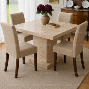 Luxury Travertine Square Dining Table, Handmade Stone Dining Table, Modern Pedestal Base Kitchen Table,  Square Stone Dining Table