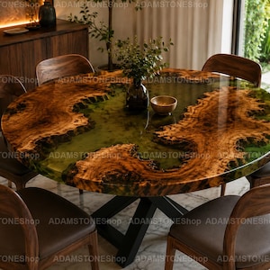 Luxury Green Epoxy River Dining Table, Round Live Edge Wood Resin Table, Handmade Modern Dining Table Top, Rustic Luxury Furniture