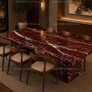 Mesa de conferencias de mármol Rosso Levanto, mesa de lujo de piedra roja, mesa de comedor rectangular moderna, muebles de mármol a medida, tablero de mármol rojo intenso.