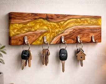 Walnut Wood Key Holder with Gold Resin | Minimalist Wall Key Hooks | Entryway Organizer | Housewarming Gift | Modern Wall Decor | Entryway