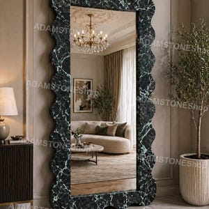 Green Marble Wavy Mirror, Irregular Full Length Floor Mirror, Organic Curvy Frame, Luxury Living Room Statement Organic Shape Marble Mirror,