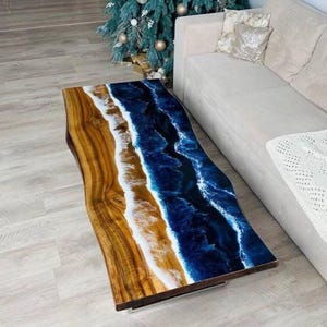 Ocean Epoxy Resin Table – Handmade Live Edge Wood Tabletop – Coastal Wave Design – Blue River Dining Table – Beach House Furniture