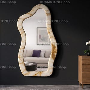 Honey Onyx Full Length Mirror, Wavy Edge Marble Mirror, Irregular Shape Wall Mirror, Luxury Statement Mirror, Custom Size Stone Mirror