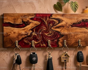 Red Epoxy River Key Holder – Burl Wood Wall Key Hanger– Rustic Entryway Organizer – Handmade Resin Key Rack – Red Resin River Wall Hook Rack