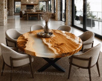 Live Edge Epoxy River Dining Table – Round Walnut Wood Resin Table – Luxury Modern Dining Room Furniture Handmade Round Epoxy Dining Table –