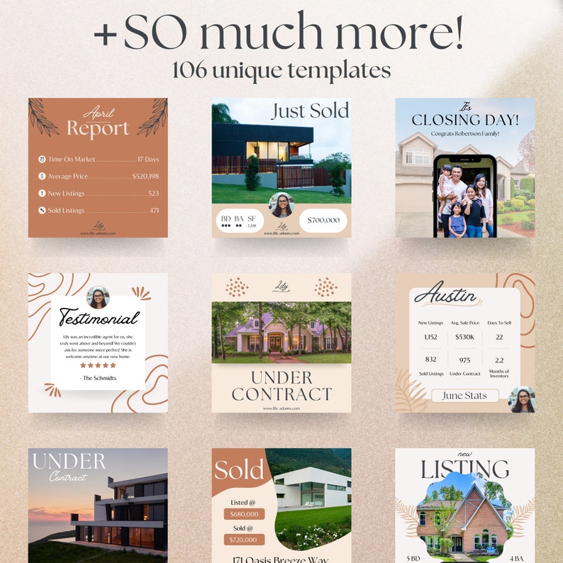 Real Estate Agent Social Media Essentials Canva Pack, Branding Bundle, Realtor Marketing, Warm Style, Customizable Templates, Lily Edition image 9