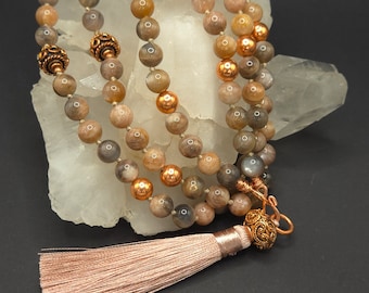 I am Balanced mala - Mixed Moonstone and Copper 8mm beads