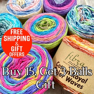 May include: A collection of multiple round balls of yarn in various vibrant variegated color combinations including pink, blue, green, yellow, and purple. Each ball of yarn features a smooth, twisted texture and is wrapped with a tan paper label.