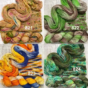May include: Four sets of hand-dyed yarn skeins paired with matching knitted swatches. The sets are labelled 821 in yellow and pink, 822 in green and brown, 823 in orange, yellow, and blue, and 824 in various shades of green and brown.