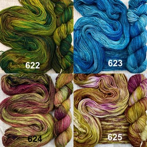 May include: Four skeins of hand-dyed yarn labelled 622, 623, 624, and 625. Skein 622 is olive and forest green. Skein 623 is bright and deep blue. Skein 624 is a blend of magenta, brown, and olive. Skein 625 is a mix of gold, brown, and purple.