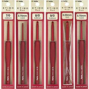 Tulip Etimo Red Crochet Hook Ergonomic Comfort Grip, Crochet Hook 2mm 2.50mm 3mm 3.50mm 4mm 4.50mm 5mm 5.50mm 6mm 6.50mm, Aluminium Crochet