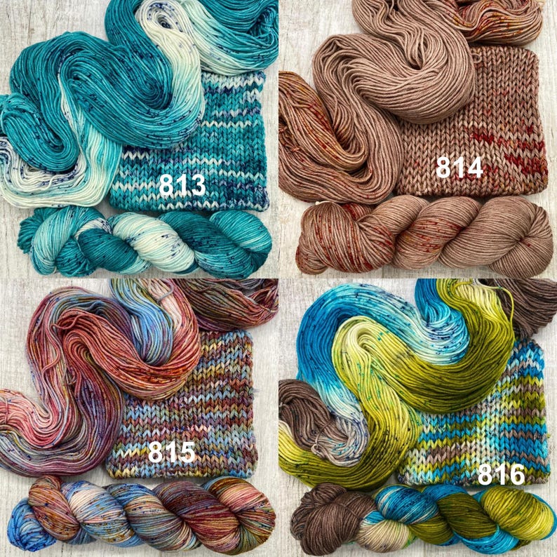 May include: Four sets of hand-dyed yarn, each featuring a skein and a knitted swatch. The sets are labelled 813 in teal and white, 814 in tan and brown, 815 in multi-coloured red and blue, and 816 in green, blue, and brown tones.