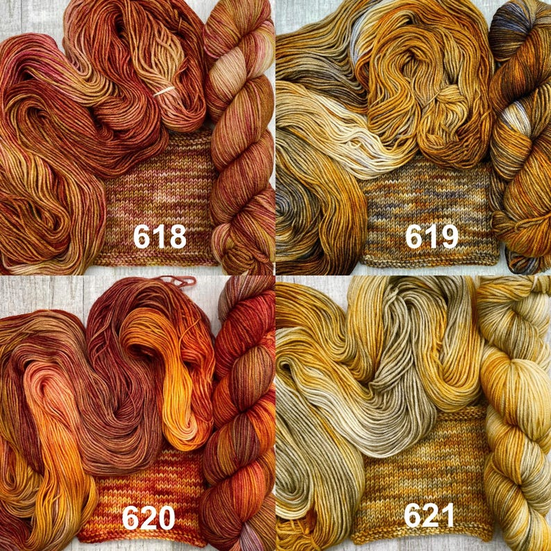 May include: Four skeins of hand-dyed yarn with corresponding knitted swatches labelled 618, 619, 620, and 621. The yarn colours include variegated shades of rust, copper, and deep orange, alongside golden yellow, ochre, and brown tones.