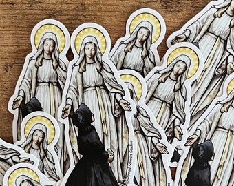 Stained-glass Our Lady of Good Help, Our Lady of Champion, Catholic Virgin Mary Die Cut Vinyl Sticker 3.5 Inch Peel & Stick