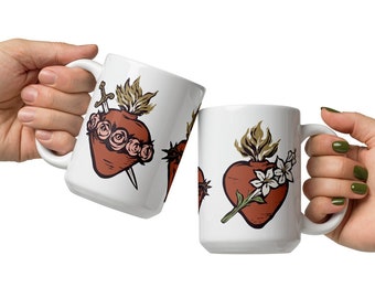 Three Hearts 11, 15, 20 OZ Mug, Sacred Heart, Immaculate Heart, Chaste Heart, Baritus Catholic Art, Catholic Mug