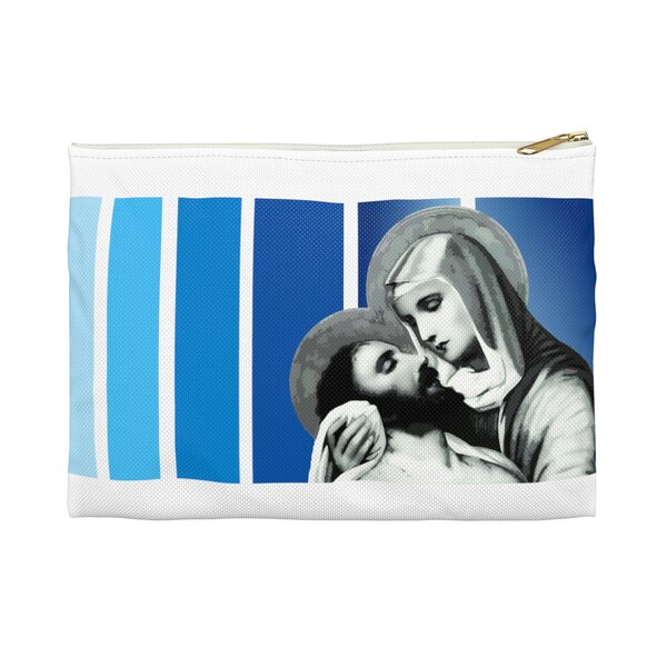 Notre-Dame des Douleurs, Jésus et la Vierge Marie, sac pour voile de messe, pochette pour accessoires bleue