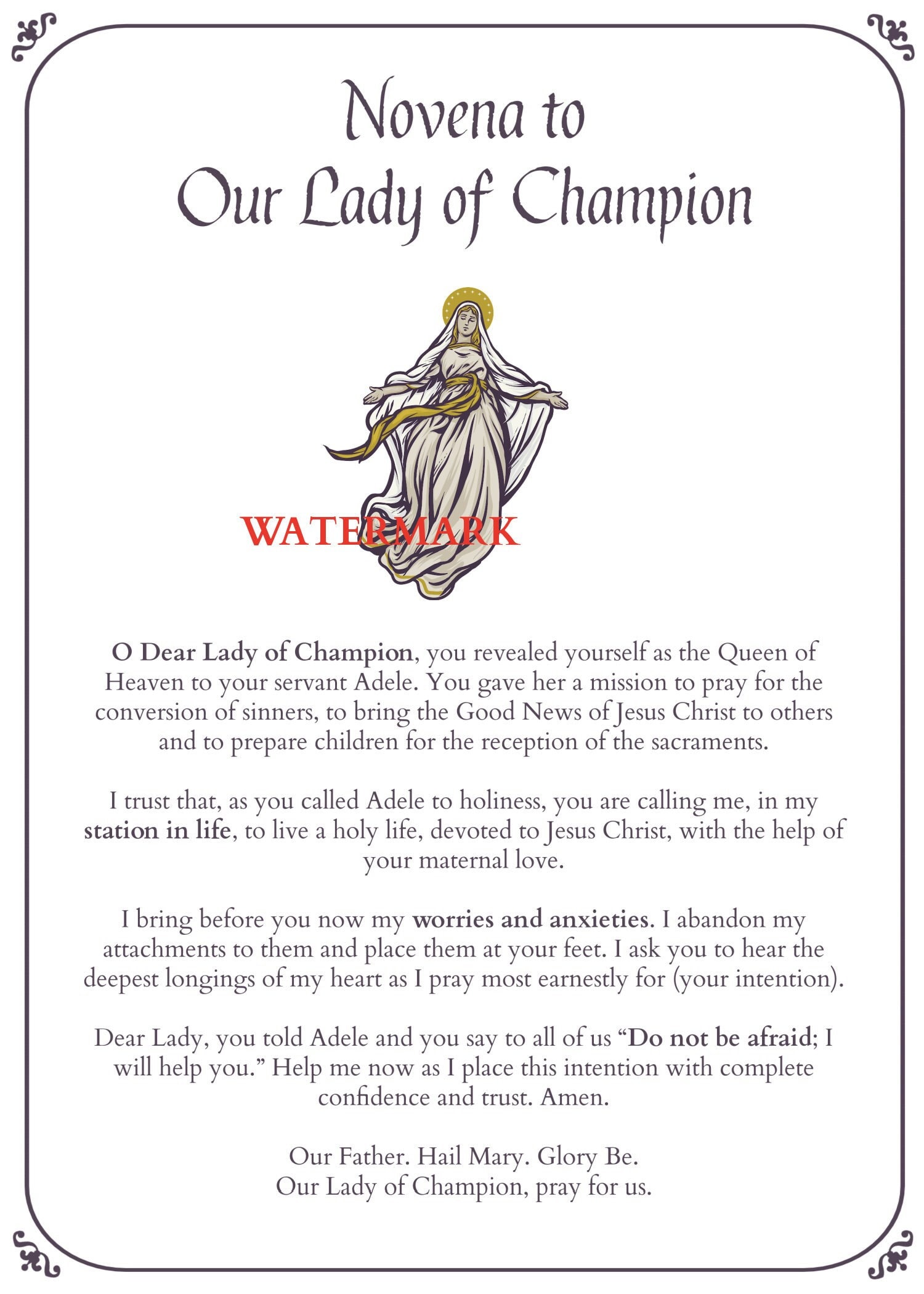 PRINTABLE Novena, Our Lady of Champion, Our Lady of Good Help, Baritus