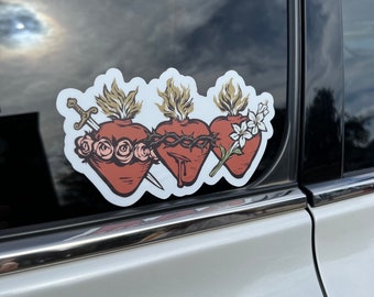 6 IN Three Hearts Car Decal, Catholic bumper sticker, Baritus Catholic Art, Sacred Heart, Most Chaste Heart, and Immaculate Heart