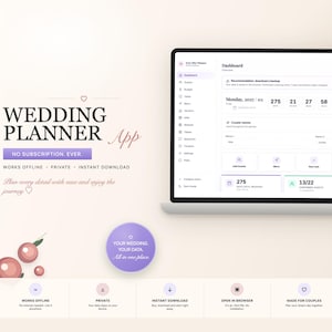 Puede incluir: Una pantalla de portátil muestra la interfaz de una aplicación de planificación de bodas. El panel de control de la aplicación muestra datos, incluyendo recuentos de eventos y barras de progreso. La aplicación muestra el texto "WEDDING PLANNER App" y "NO SUBSCRIPTION, EVER."