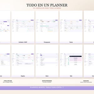 K&ouml;nnte beinhalten: Digitale Hochzeitplaner-Oberfl&auml;che mit mehreren Modulen, darunter RSVP, Budget, Aufgaben und mehr. Die Oberfl&auml;che wird auf wei&szlig;em Hintergrund mit Text auf Spanisch angezeigt. Der Planer umfasst Funktionen f&uuml;r Anbieter, Geschenke und einen Zeitplan.
