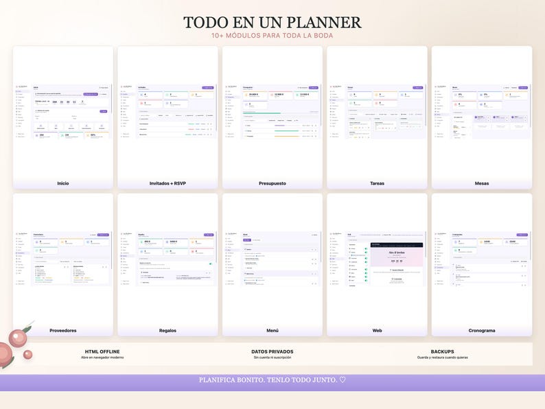 K&ouml;nnte beinhalten: Digitale Hochzeitplaner-Oberfl&auml;che mit mehreren Modulen, darunter RSVP, Budget, Aufgaben und mehr. Die Oberfl&auml;che wird auf wei&szlig;em Hintergrund mit Text auf Spanisch angezeigt. Der Planer umfasst Funktionen f&uuml;r Anbieter, Geschenke und einen Zeitplan.