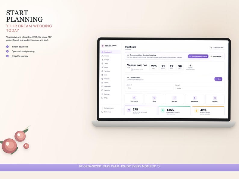 K&ouml;nnte beinhalten: Ein Laptop-Bildschirm, der ein Hochzeitsplanungs-Dashboard mit Daten und Symbolen anzeigt. Der Bildschirm befindet sich vor einem hellen Hintergrund mit dem Text "Start Planning Your Dream Wedding Today". Dekorative rosa Beeren befinden sich in der linken unteren Ecke.
