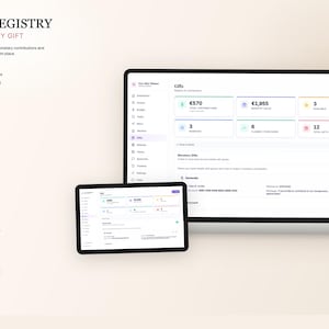K&ouml;nnte beinhalten: Eine digitale Geschenkregistrierungsoberfl&auml;che, die auf einem Laptop und Tablet angezeigt wird. Der Bildschirm zeigt Geschenke, Geldbeitr&auml;ge und Kontonotizen an. Der Text "GIFT REGISTRY TRACK EVERY GIFT" steht oben. Die Oberfl&auml;che zeigt Geschenkbetr&auml;ge in Euro an.