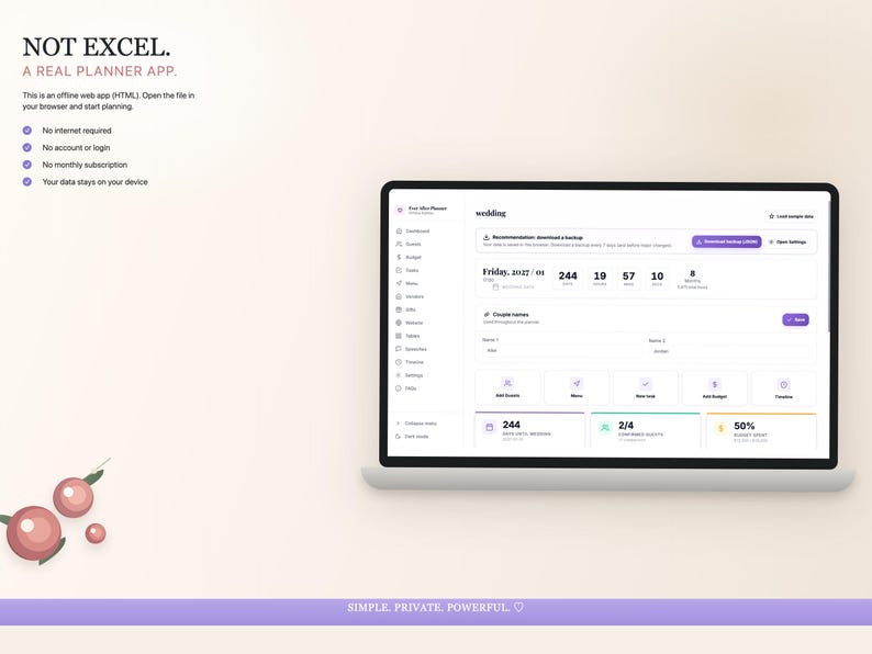 K&ouml;nnte beinhalten: Ein Laptop-Bildschirm zeigt eine Benutzeroberfl&auml;che einer Hochzeitsplanungs-App. Die App mit dem Titel "NOT EXCEL" hat ein modernes Design mit einem lila und wei&szlig;en Farbschema. Text auf dem Bildschirm enth&auml;lt Planungsdetails und App-Funktionen. Das Bild zeigt auch dekorative rosa Beeren.