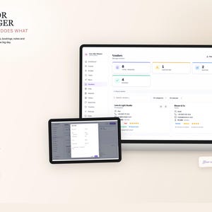 K&ouml;nnte beinhalten: Eine digitale Benutzeroberfl&auml;che f&uuml;r ein Lieferantenmanagementsystem, angezeigt auf einem Laptop und Tablet. Der Bildschirm zeigt Lieferantenkategorien, Buchungsstatus, Kontaktdaten und Bewertungen. Der Text "VENDOR MANAGER" und "KNOW WHO DOES WHAT" sind sichtbar.
