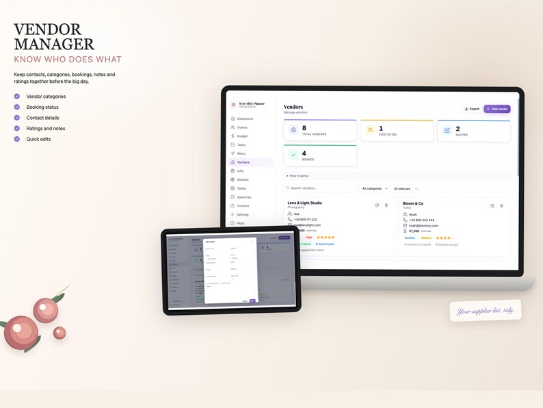 K&ouml;nnte beinhalten: Eine digitale Benutzeroberfl&auml;che f&uuml;r ein Lieferantenmanagementsystem, angezeigt auf einem Laptop und Tablet. Der Bildschirm zeigt Lieferantenkategorien, Buchungsstatus, Kontaktdaten und Bewertungen. Der Text "VENDOR MANAGER" und "KNOW WHO DOES WHAT" sind sichtbar.