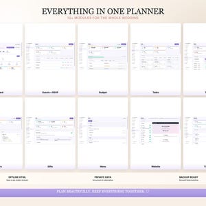 K&ouml;nnte beinhalten: Eine digitale Hochzeitsplaner-Oberfl&auml;che mit Modulen f&uuml;r Aufgaben, G&auml;ste, Budget und mehr. Der Text lautet "Everything in One Planner" und "Plan Beautifully. Keep Everything Together."