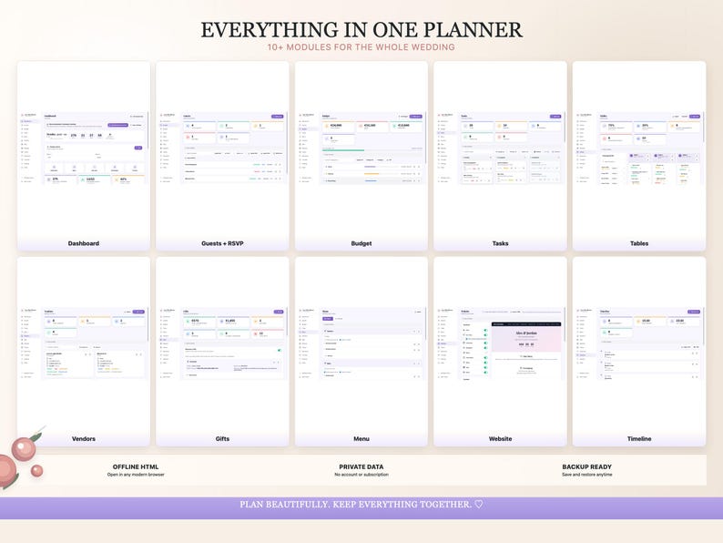 K&ouml;nnte beinhalten: Eine digitale Hochzeitsplaner-Oberfl&auml;che mit Modulen f&uuml;r Aufgaben, G&auml;ste, Budget und mehr. Der Text lautet "Everything in One Planner" und "Plan Beautifully. Keep Everything Together."