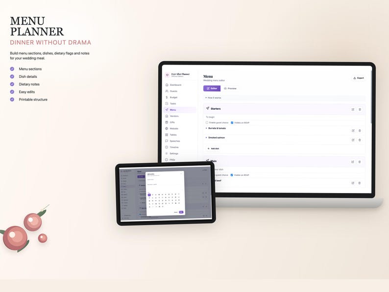 K&ouml;nnte beinhalten: Ein digitaler Men&uuml;planer, der auf einem Laptop und Tablet angezeigt wird. Der Bildschirm zeigt Men&uuml;abschnitte, Details zu Gerichten, Ern&auml;hrungshinweise und einfache Bearbeitungen. Der Text "MENU PLANNER DINNER WITHOUT DRAMA" steht oben.