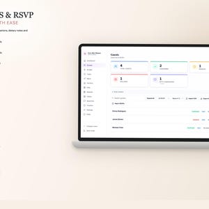 K&ouml;nnte beinhalten: Ein Laptop-Bildschirm zeigt eine Benutzeroberfl&auml;che zur Verwaltung von G&auml;stelisten und RSVPs. Die Oberfl&auml;che umfasst Abschnitte f&uuml;r G&auml;stedetails, RSVP-Tracking und Tischzuweisungen. Der Text "GUESTS & RSVP" und "MANAGE WITH EASE" sind sichtbar.