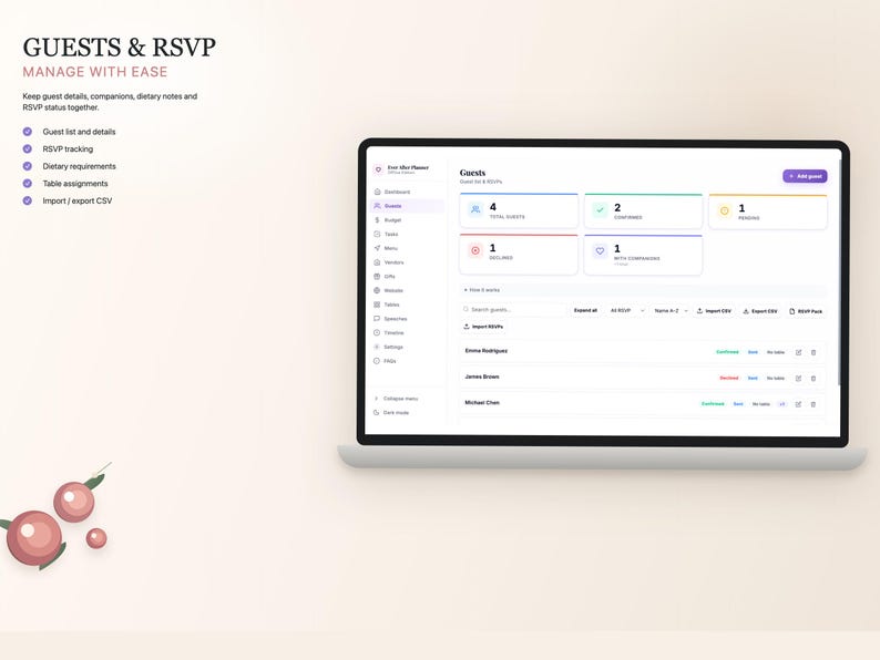 K&ouml;nnte beinhalten: Ein Laptop-Bildschirm zeigt eine Benutzeroberfl&auml;che zur Verwaltung von G&auml;stelisten und RSVPs. Die Oberfl&auml;che umfasst Abschnitte f&uuml;r G&auml;stedetails, RSVP-Tracking und Tischzuweisungen. Der Text "GUESTS & RSVP" und "MANAGE WITH EASE" sind sichtbar.