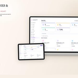 K&ouml;nnte beinhalten: Eine digitale Oberfl&auml;che f&uuml;r Reden und Gel&uuml;bde, angezeigt auf einem Tablet und einem gr&ouml;&szlig;eren Monitor. Die Oberfl&auml;che bietet Redevorlagen, einen Entwurfseditor, Wortanzahl und Gel&uuml;bde-Lesungen. Der Text "Speeches & Vows" und "Write with Heart" sind sichtbar.