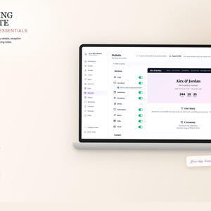 K&ouml;nnte beinhalten: Ein Laptop-Bildschirm, der eine Hochzeitswebsite-Oberfl&auml;che anzeigt. Der Bildschirm zeigt Optionen f&uuml;r die Vorstellung des Paares, Zeremoniedetails und Empfangsinformationen. Das Website-Design hat ein sauberes, modernes Aussehen mit dem Text "Alex & Jordan".