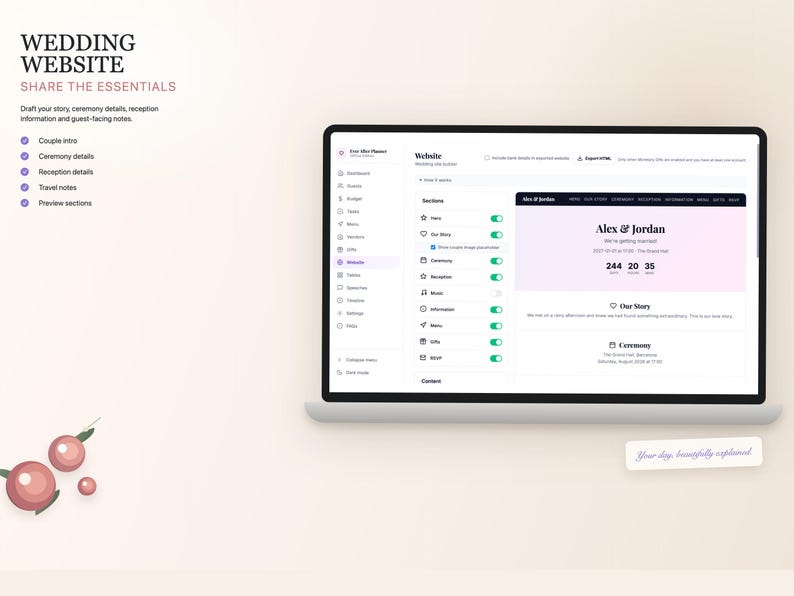 K&ouml;nnte beinhalten: Ein Laptop-Bildschirm, der eine Hochzeitswebsite-Oberfl&auml;che anzeigt. Der Bildschirm zeigt Optionen f&uuml;r die Vorstellung des Paares, Zeremoniedetails und Empfangsinformationen. Das Website-Design hat ein sauberes, modernes Aussehen mit dem Text "Alex & Jordan".