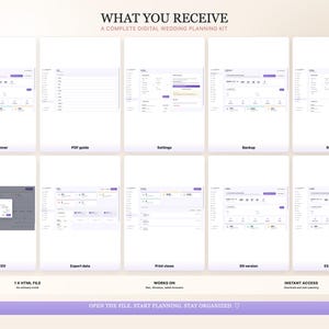 K&ouml;nnte beinhalten: Ein digitales Hochzeitsplanungs-Kit mit verschiedenen Funktionen. Das Bild zeigt mehrere Bildschirme mit Optionen f&uuml;r HTML-Planung, PDF-Anleitungen, Einstellungen, Backup, Wiederherstellung, CSV-Import, Datenexport, Druckansichten und EN/ES-Versionen. Text enth&auml;lt "What You Receive" und "&Ouml;ffnen Sie die Datei. Beginnen Sie mit der Planung. Bleiben Sie organisiert."
