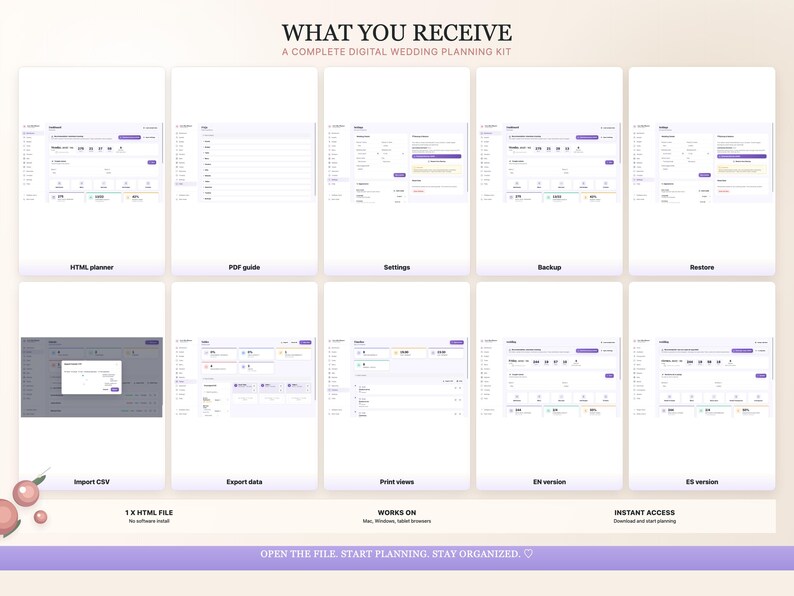 K&ouml;nnte beinhalten: Ein digitales Hochzeitsplanungs-Kit mit verschiedenen Funktionen. Das Bild zeigt mehrere Bildschirme mit Optionen f&uuml;r HTML-Planung, PDF-Anleitungen, Einstellungen, Backup, Wiederherstellung, CSV-Import, Datenexport, Druckansichten und EN/ES-Versionen. Text enth&auml;lt "What You Receive" und "&Ouml;ffnen Sie die Datei. Beginnen Sie mit der Planung. Bleiben Sie organisiert."
