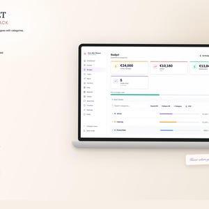 K&ouml;nnte beinhalten: Ein Laptop-Bildschirm mit einer Budgetverwaltungs-Oberfl&auml;che. Die Oberfl&auml;che zeigt Finanzdaten, einschlie&szlig;lich Einnahmen, Ausgaben und Summen. Der Bildschirm zeigt auch den Text "BUDGET STAY ON TRACK" und Optionen zum Erstellen von Kategorien und Hinzuf&uuml;gen von Ausgaben.