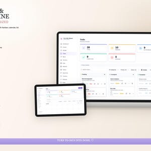 K&ouml;nnte beinhalten: Eine digitale Aufgabenverwaltungs-Oberfl&auml;che, die auf einem Tablet und einem Computermonitor angezeigt wird. Die Oberfl&auml;che verf&uuml;gt &uuml;ber ein Kanban-Board, eine Kalenderansicht und eine Listenansicht. Der Text "TASKS & TIMELINE" und "STAY ORGANIZED" stehen oben.