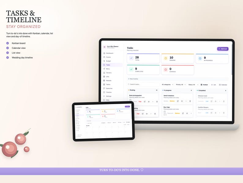 K&ouml;nnte beinhalten: Eine digitale Aufgabenverwaltungs-Oberfl&auml;che, die auf einem Tablet und einem Computermonitor angezeigt wird. Die Oberfl&auml;che verf&uuml;gt &uuml;ber ein Kanban-Board, eine Kalenderansicht und eine Listenansicht. Der Text "TASKS & TIMELINE" und "STAY ORGANIZED" stehen oben.
