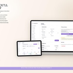 K&ouml;nnte beinhalten: Ein Laptop und ein Tablet, die eine Benutzeroberfl&auml;che einer Hochzeitsplanungs-App anzeigen. Die Bildschirme zeigen Einstellungen und Daten mit dem Text "Warum Sie es lieben werden" und "Entworfen f&uuml;r Paare, die Ruhe wollen". Das Farbschema ist Wei&szlig;, Lila und Schwarz.