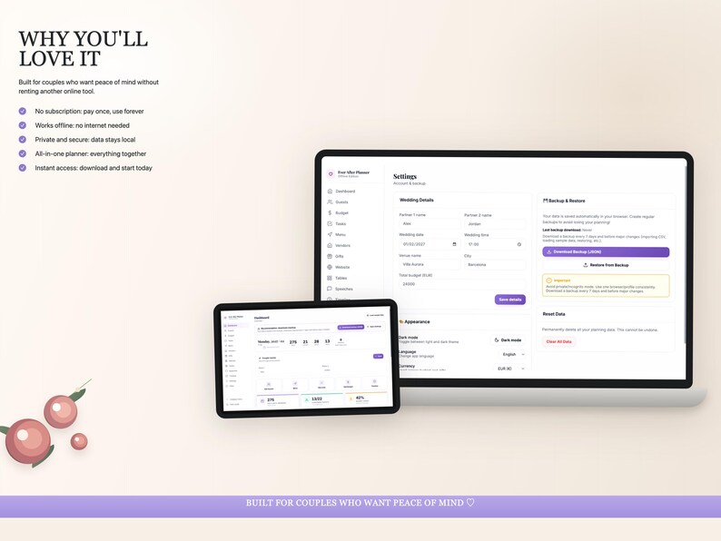 K&ouml;nnte beinhalten: Ein Laptop und ein Tablet, die eine Benutzeroberfl&auml;che einer Hochzeitsplanungs-App anzeigen. Die Bildschirme zeigen Einstellungen und Daten mit dem Text "Warum Sie es lieben werden" und "Entworfen f&uuml;r Paare, die Ruhe wollen". Das Farbschema ist Wei&szlig;, Lila und Schwarz.