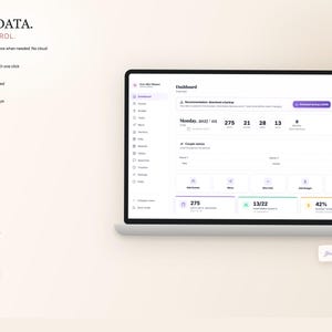 K&ouml;nnte beinhalten: Ein Laptop-Bildschirm zeigt ein Daten-Dashboard mit Diagrammen und Grafiken. Der Text "YOUR DATA. YOUR CONTROL." steht oben links. Der Bildschirm zeigt Optionen zum Sichern und Wiederherstellen von Daten. Das Farbschema ist Wei&szlig;, Lila und Grau.