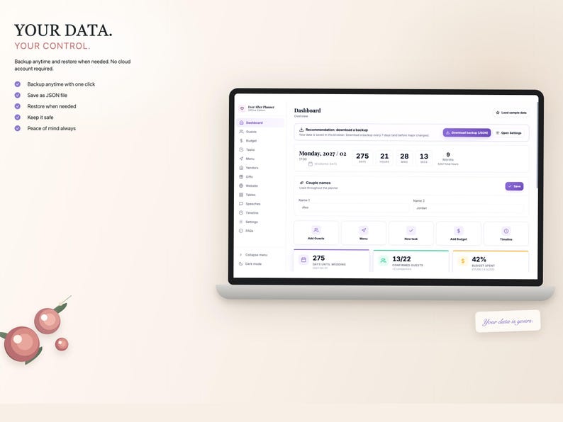 K&ouml;nnte beinhalten: Ein Laptop-Bildschirm zeigt ein Daten-Dashboard mit Diagrammen und Grafiken. Der Text "YOUR DATA. YOUR CONTROL." steht oben links. Der Bildschirm zeigt Optionen zum Sichern und Wiederherstellen von Daten. Das Farbschema ist Wei&szlig;, Lila und Grau.